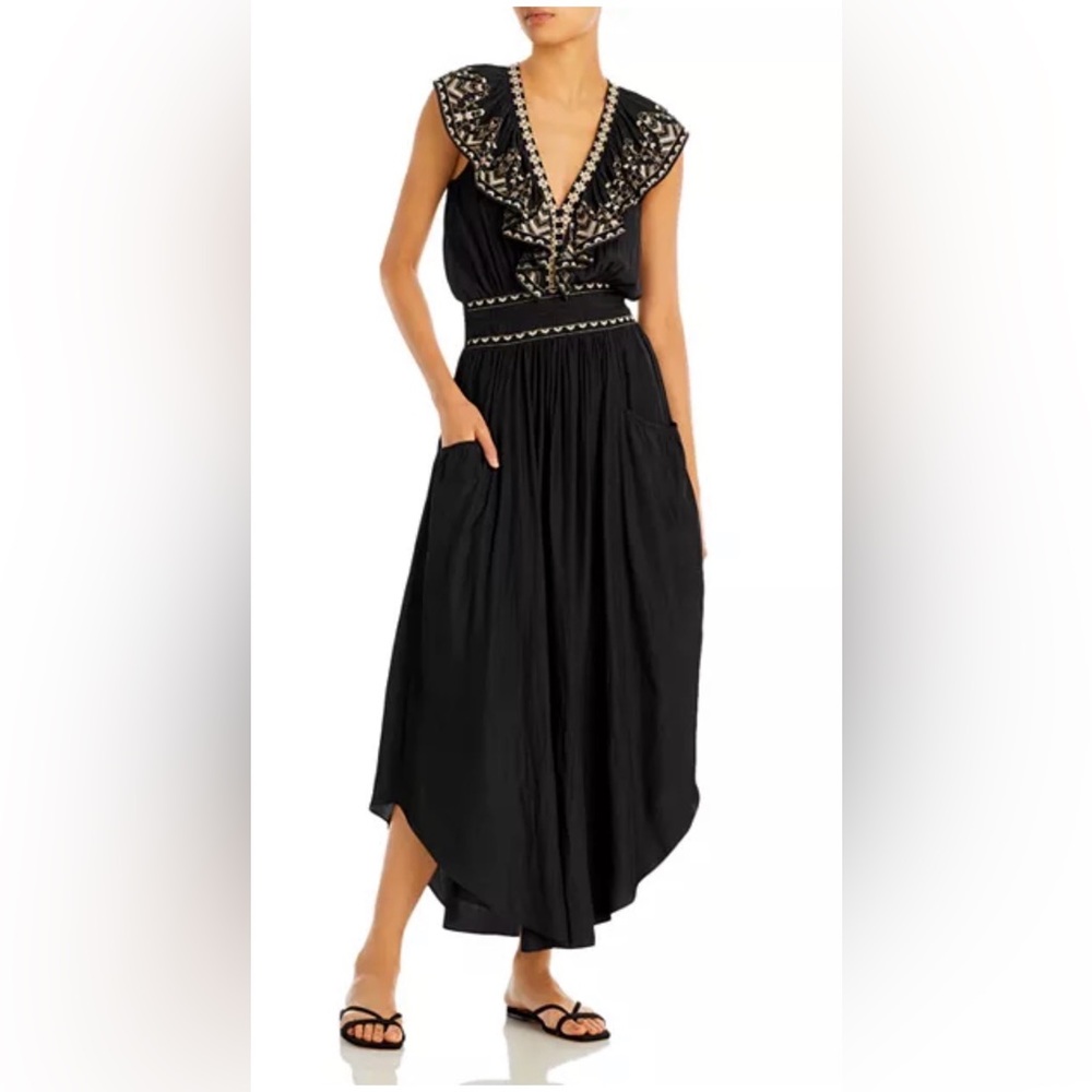 Ramy Brook embellished Camden Black High Low Dress with Embroidery EUC